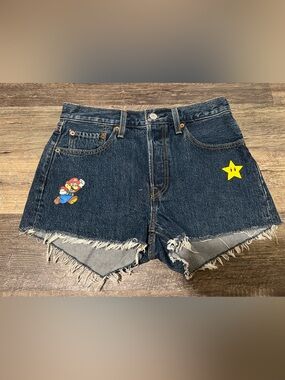 Dark Wash Denim Women's Shorts with Mario Star Graphics